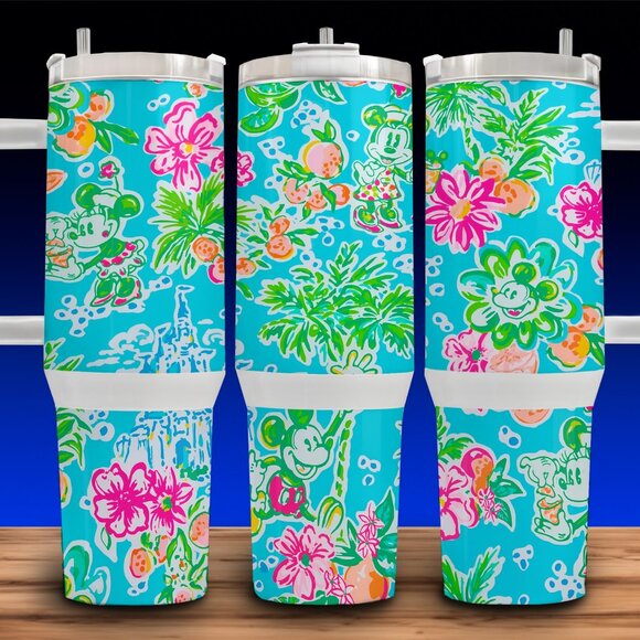 40oz Lilly P Mickey and Minnie Mouse Cup Mug Tumbler Stainless Steel with Handle - Picture 1 of 3